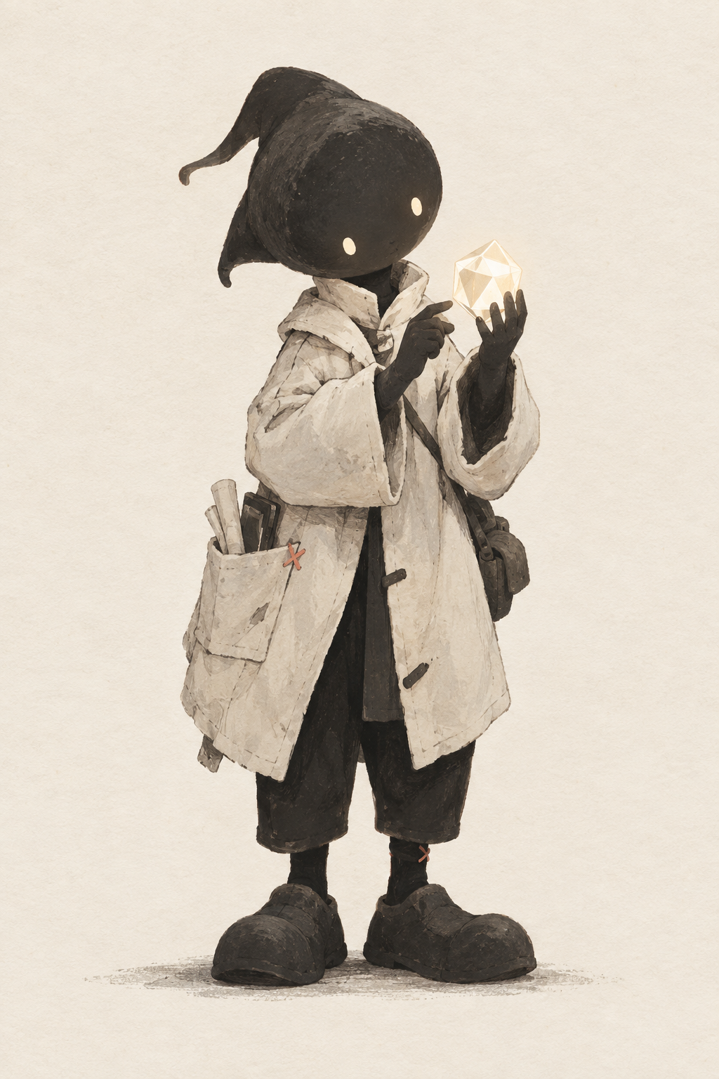 Muroko, a curious fictional maker in an ivory work coat, studying a glowing little object