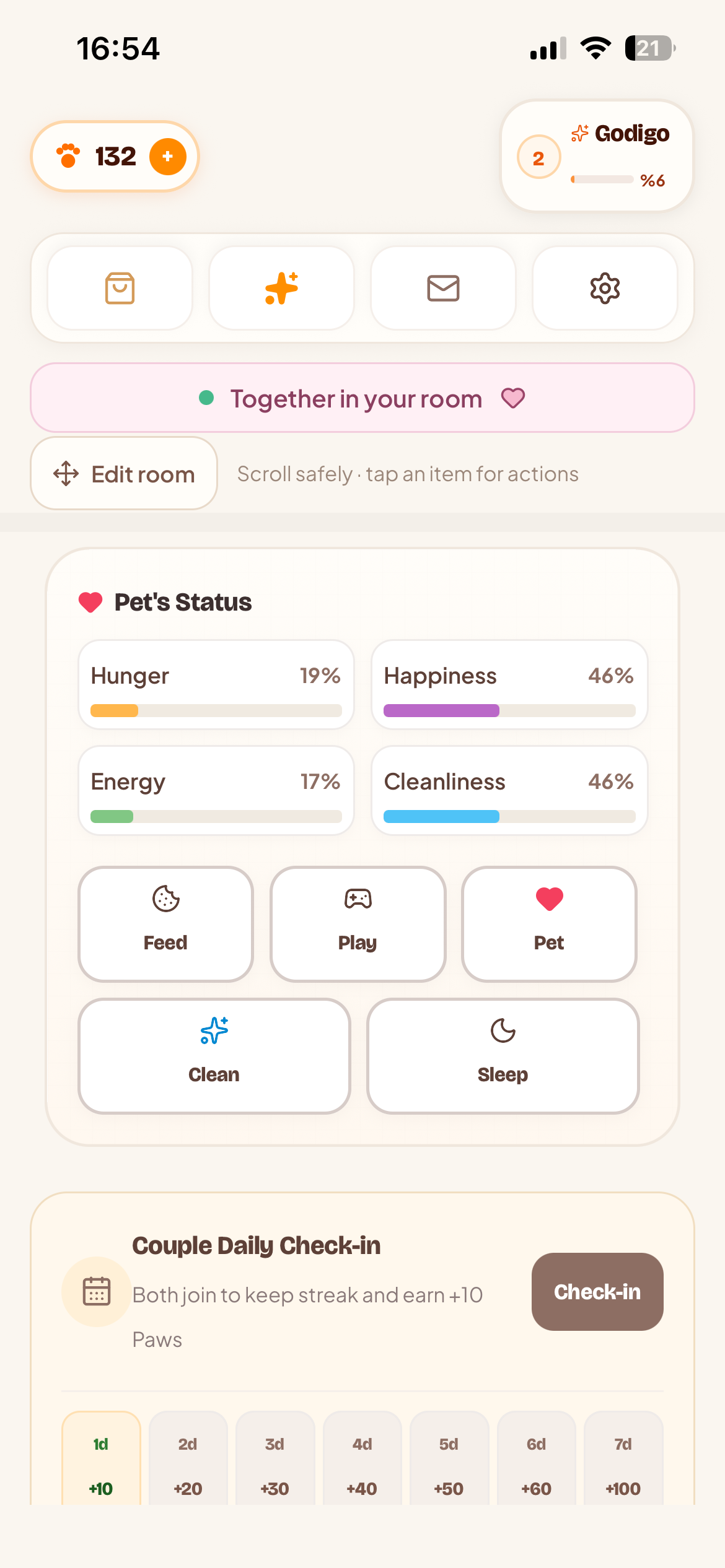 Godigo companion care and daily couple check-in screen